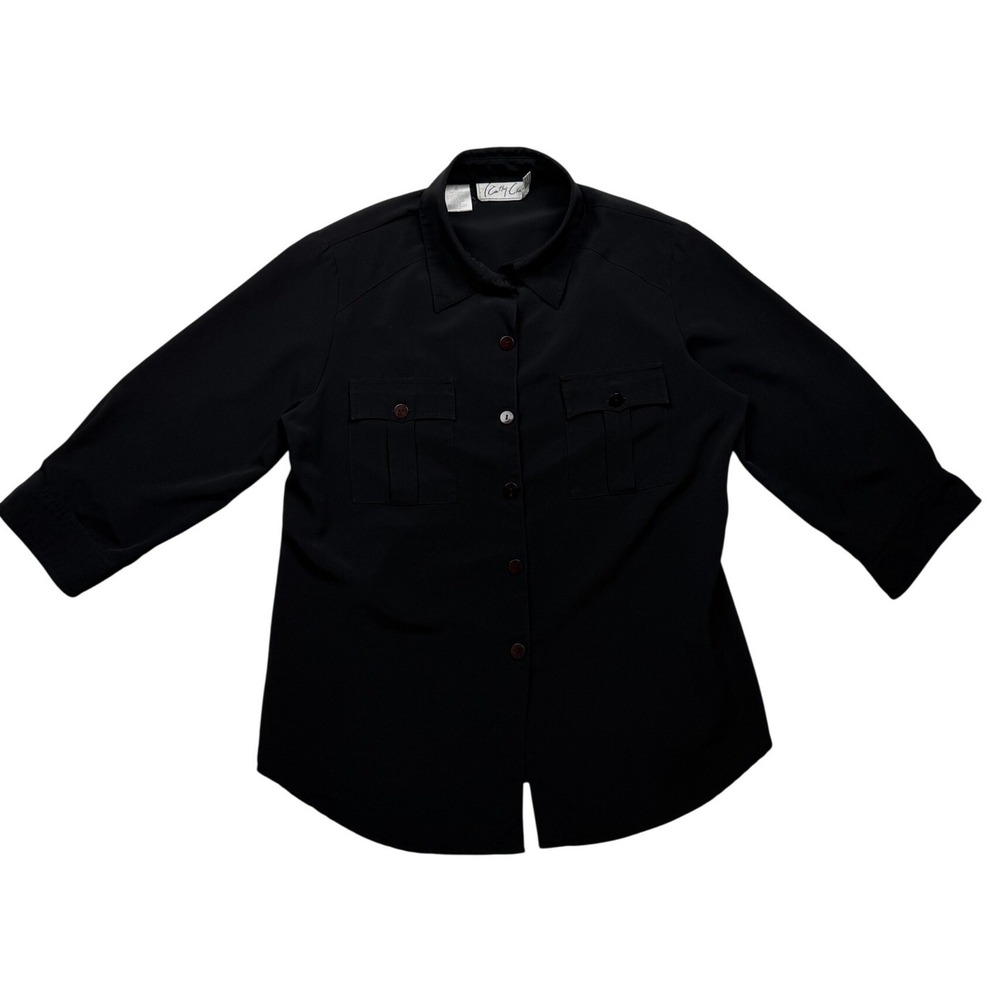 Vintage 90s Kathy Che Black Utility Button Front Blouse Shirt Size 8
